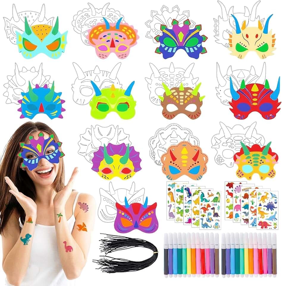 24 DIY Dino Maske Set Dino Sticker Tiermasken zum Bemalen Enthält Pinsel