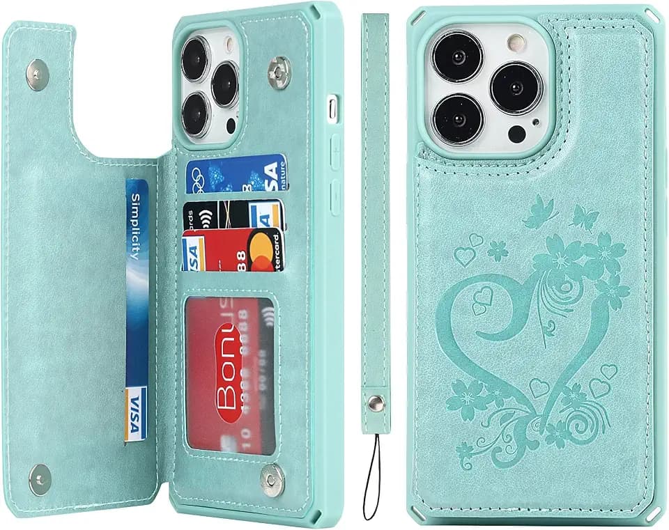 iCoverCase Compatible with iPhone 13 Pro Max Wallet Phone Case with Card Holder for Women, RFID Blocking Embossed PU Leather Wrist Strap Case 6.7 Inch (Heart Mint)