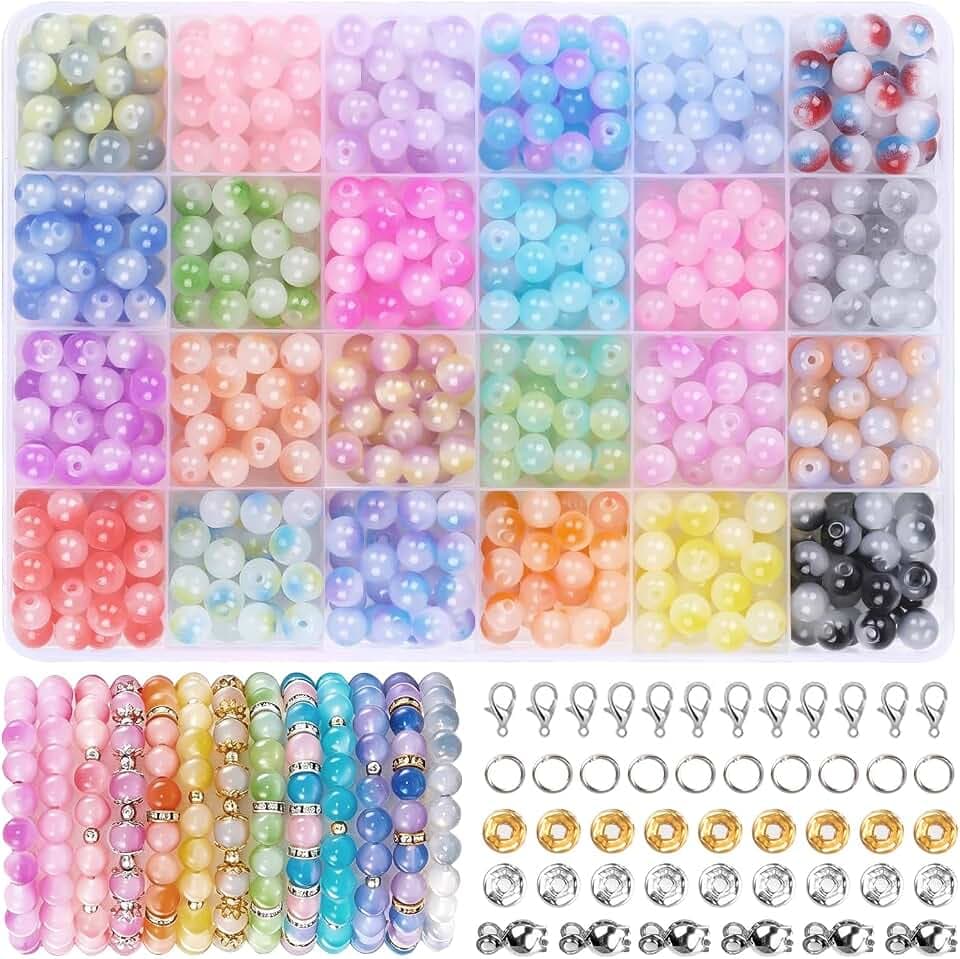 480 Stück Bunte Glasperlen für Armbänder Erwachsene, 8mm Glasperlen zum Auffädeln, Glas Perlen Set für Schmuck Armbänder DIY Handwerk, mit 2 elastische Kordel/gold silberAccessoires/Mini Haken
