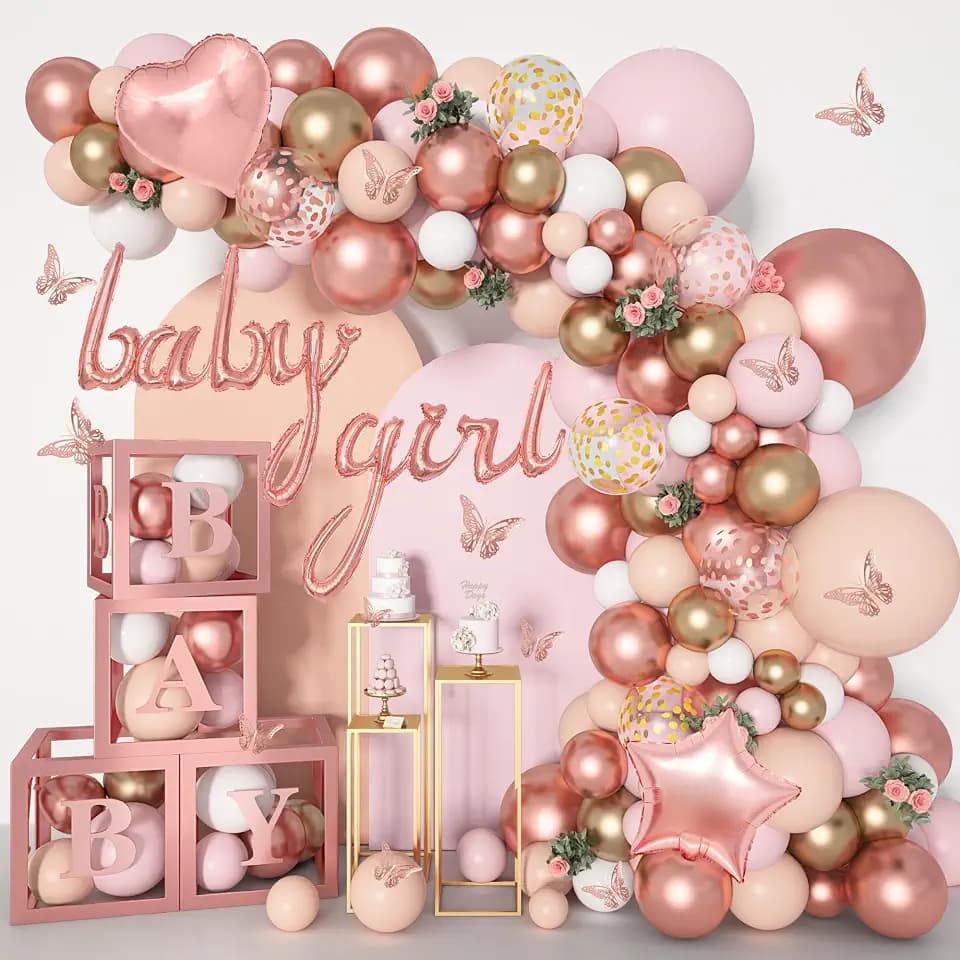 Amandir 135pcs Rose Gold Balloons Pink Girl Baby Shower Decorations