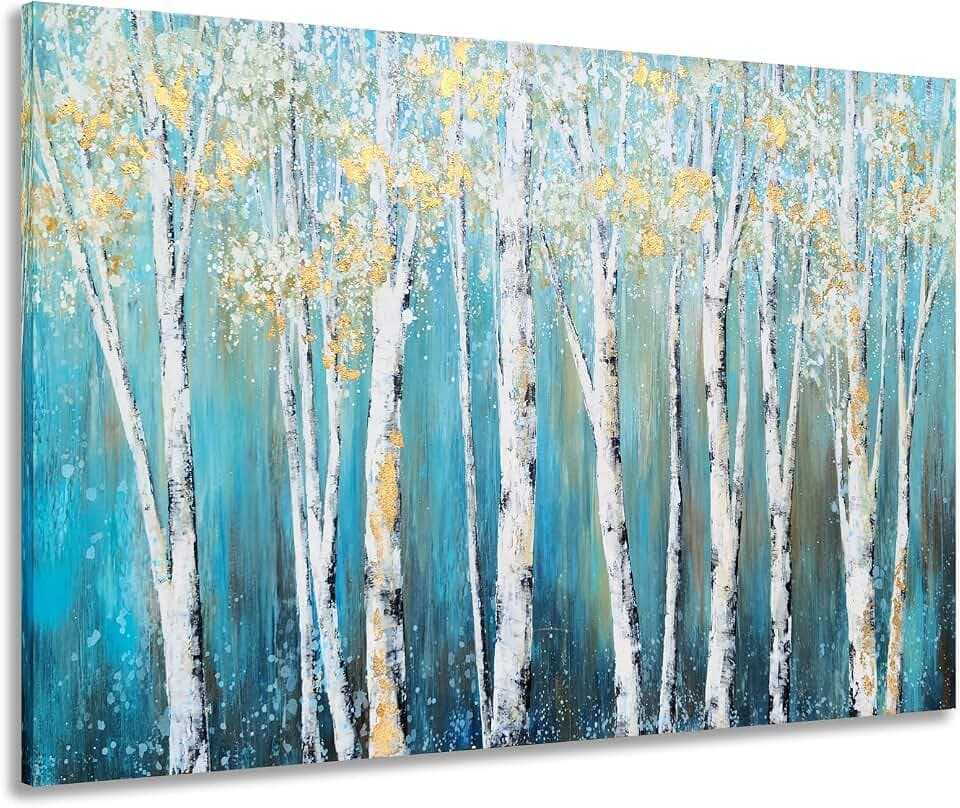Yihui Arts Birch Tree Canvas Wall Art Hand Painted Teal and White Color Painting with Gold Foil Modern Forest Pictures for Living Room Bedroom Office Decoration