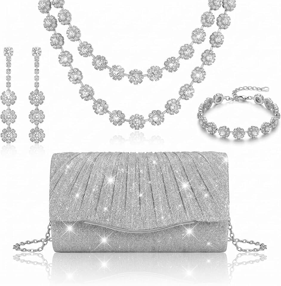4 Pcs Purse Rhinestone Jewelry Set Prom Jewelry Glitter Bling Clutch Purse Bride Necklace Earrings Bracelets Sparkly Costume Kit for Women Bride Wedding Prom Evening Party
