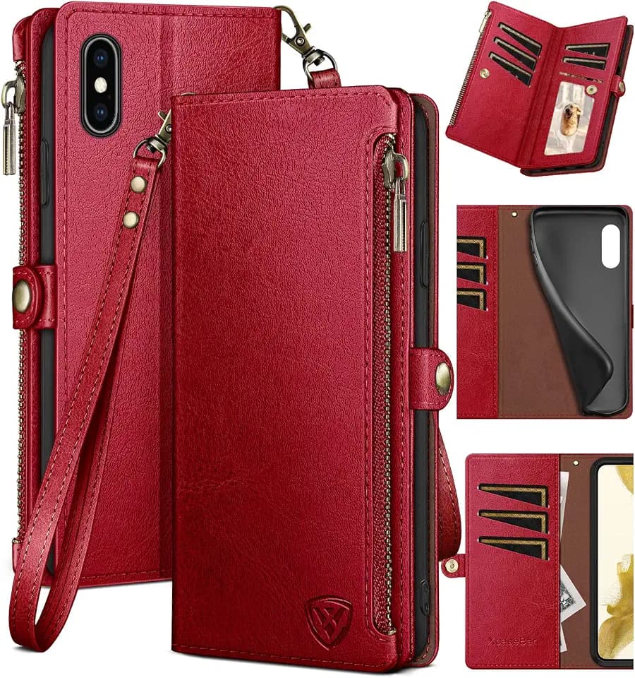 XcaseBar for iPhone Xs Max 6.5" Wallet case with Zipper Credit Card Holder【RFID Blocking】, Flip Folio Book PU Leather Phone case Shockproof Cover Women Men for Apple XS Max 6.5" case Red