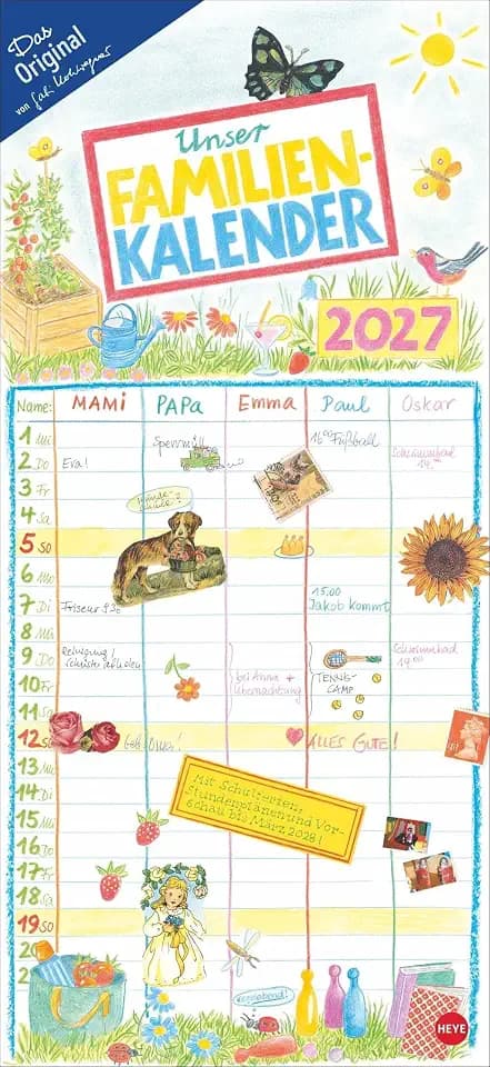 Gabi Kohwagner Unser Familienkalender 2027: Liebevoll illustrierter Kalender für Familien mit handschriftlichen Details. Wandkalender 2027 mit 5 Spalten.