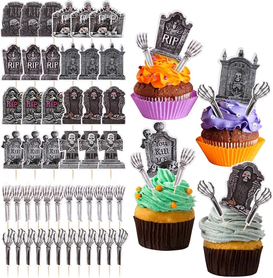 Yalikop 48 Pcs Halloween Cupcake Toppers, Tombstone Skeleton Hand Picks