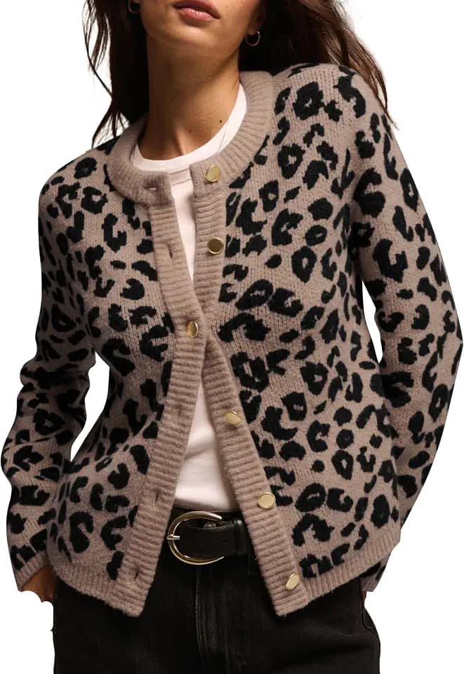 TERIVEEK Leopard Cardigan Sweaters for Women Cheetah Print Open Front Button Down Long Sleeve Casual Knit Outwear Coats