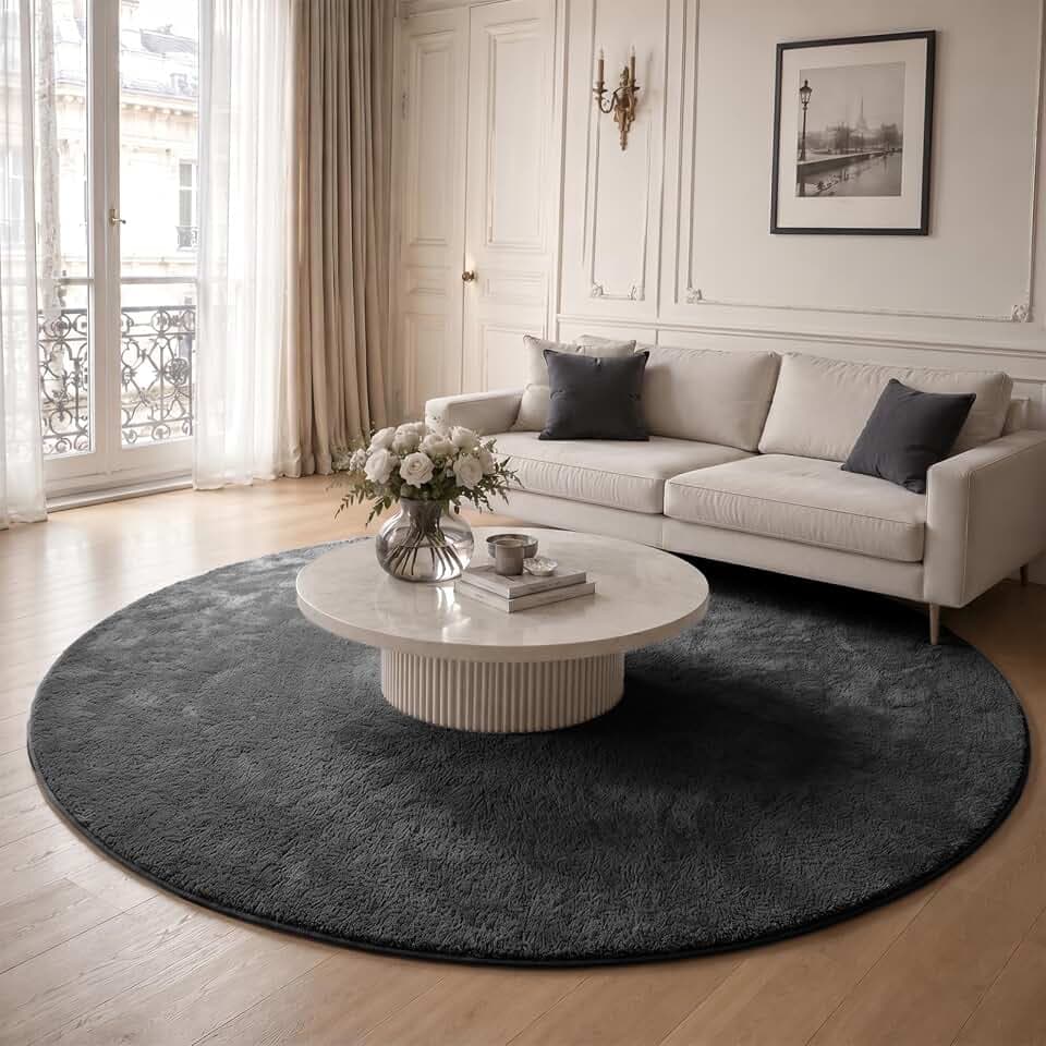 VOUNOT® Teppich Wohnzimmer rund Ø 200 cm, mit rutschfeste Rückseite & Antirutschmatte, Kuscheliger Kurzflor Flauschig Teppiche Gegend für Schlafzimmer Kinderzimmer Esszimmer, Anthracite