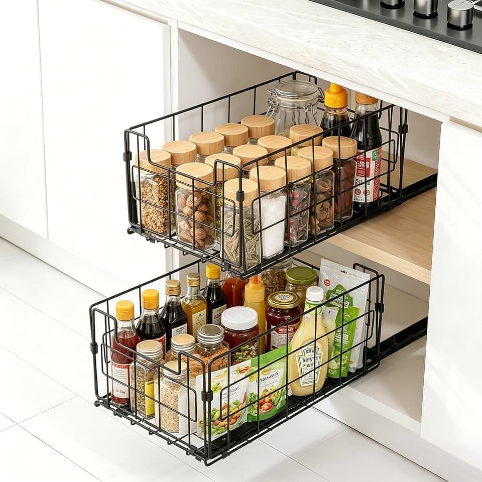 VINATO 2 Stück Teleskopschublade,Ausziehbare Schubladen & Schrank Organizer für Küche, Unterschrank, Badezimmer,Schubladenregale Herausschieben Kein Bohren und Nageln,35x21.5x16 CM