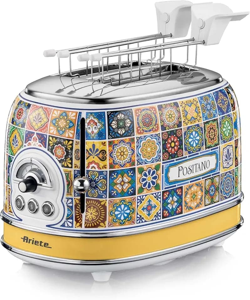 Ariete Positano 155, 2-Scheiben-Toaster, Toaster mit 6 Toaststufen, Automatischer Auswurf, Auftaufunktion, Herausnehmbares Krümelfach, Gehäuse aus Edelstahl, mit Sandwichzangen, 810W,