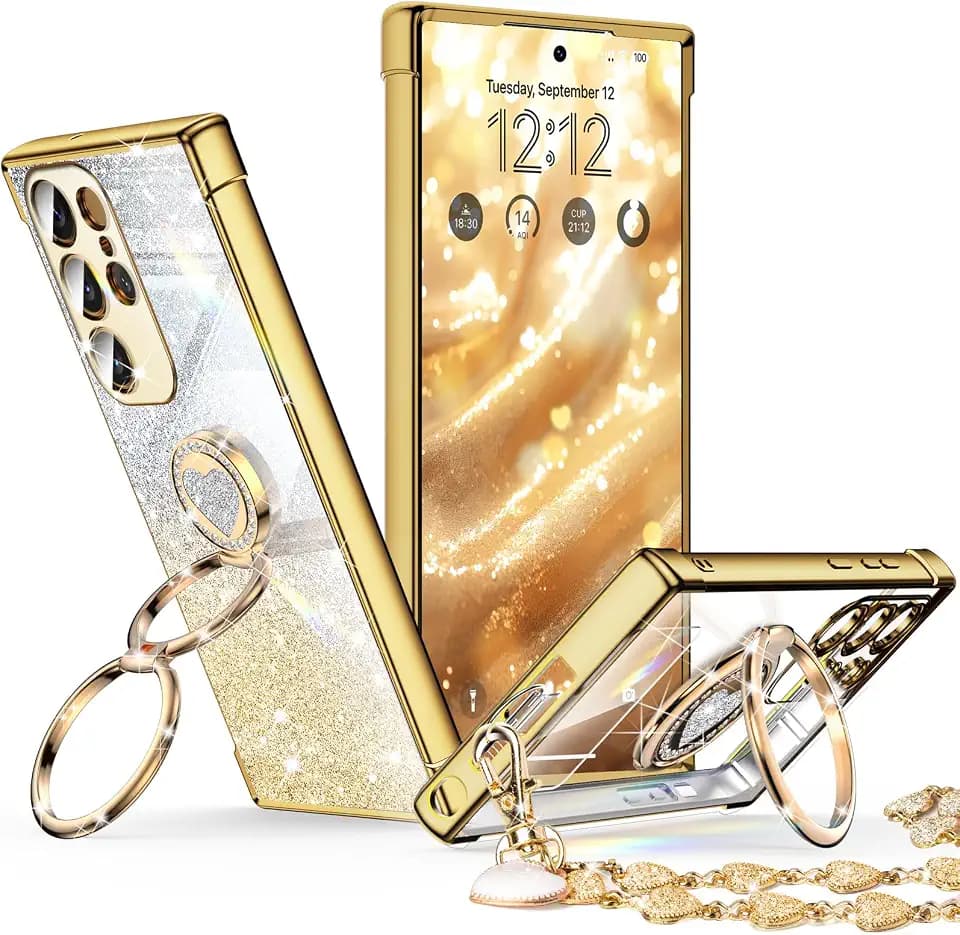 XYZ for Galaxy S26 Ultra Case with Stand, for Samsung Galaxy S26 Ultra Case with Double Ring, Women Girls Bling Luxury Glitter Clear Phone Case Cover Heart for Samsung S26 Ultra, Gold