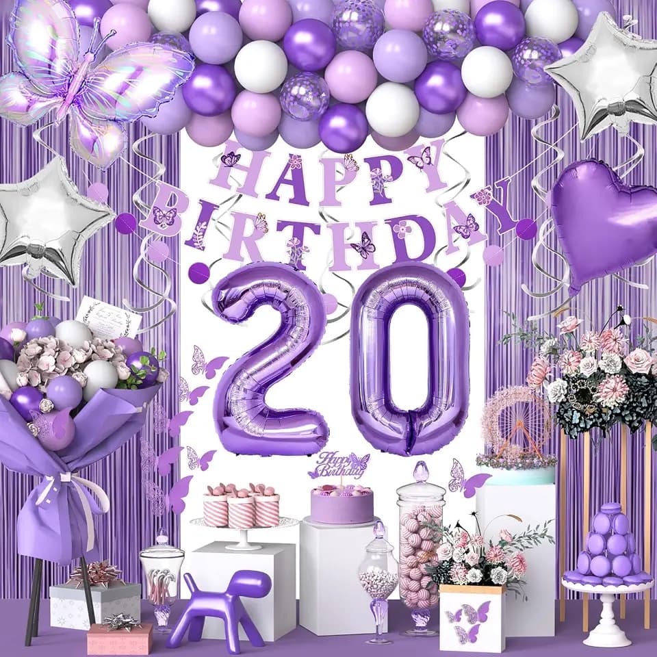 20th Purple Birthday Decorations for Women, Butterfly Theme Party Decor