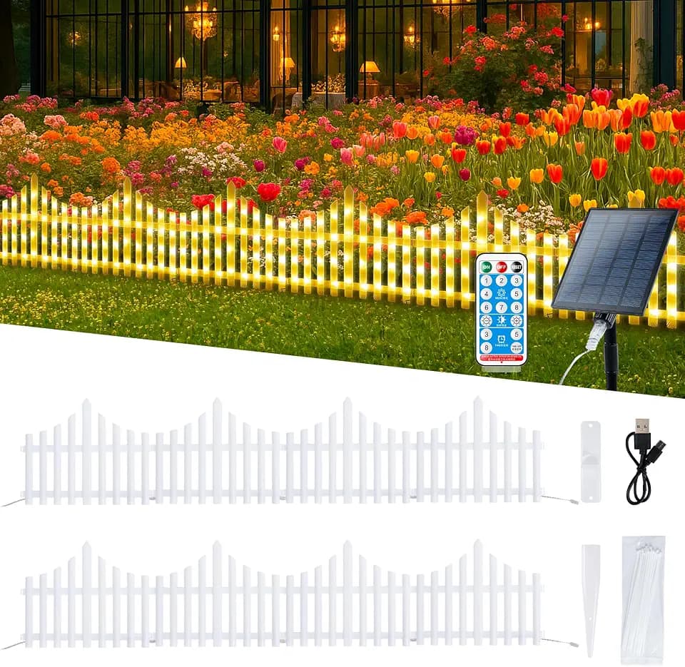 Hopolon 8 Pack Lighted Garden Fence, 11.1in (H) X 9.1ft (L) Warm White