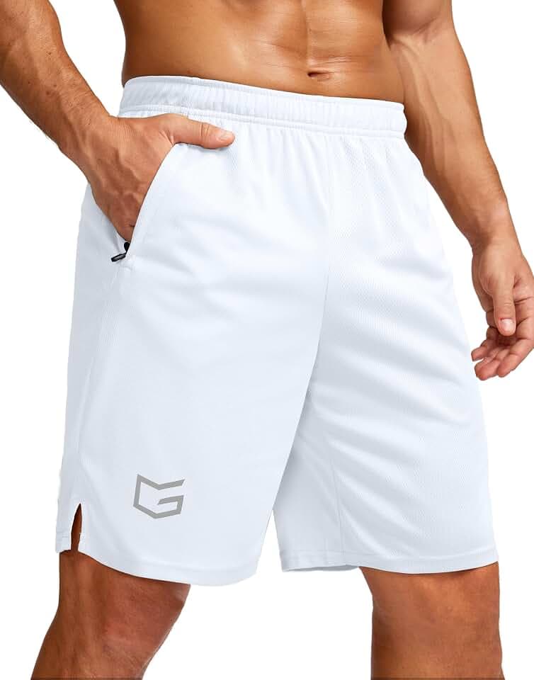 G Gradual Men's 9" Workout Running Shorts with Zip Pockets(White,M)