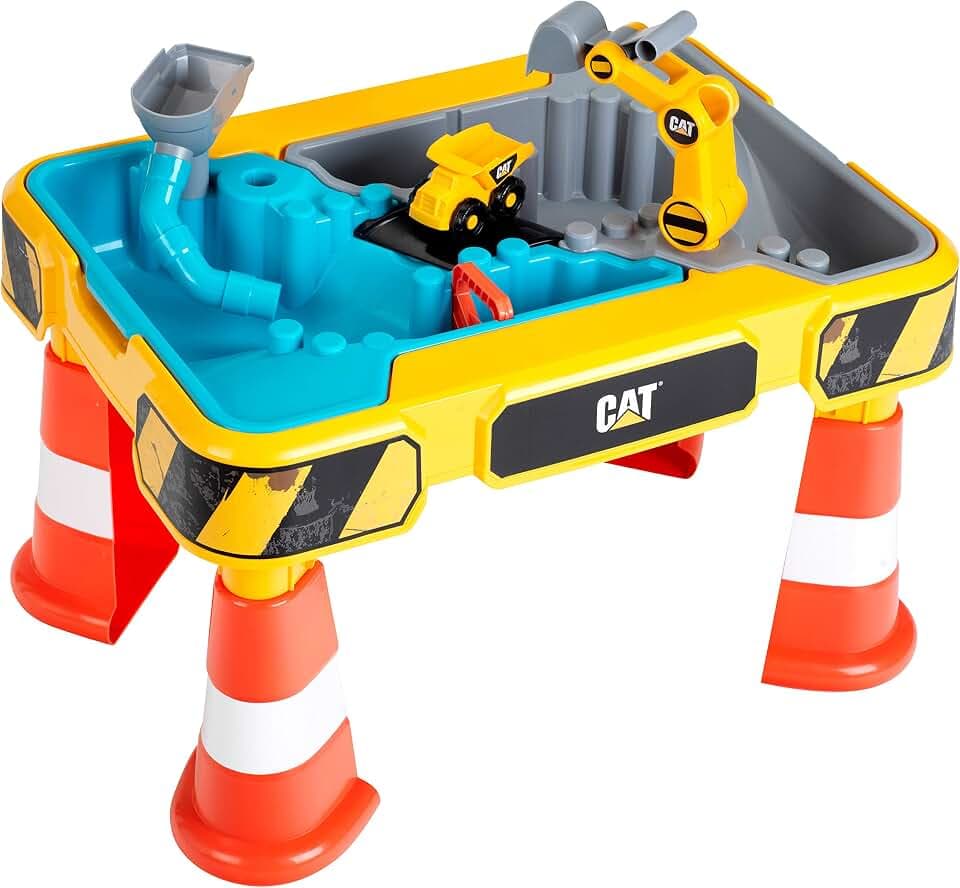 Theo Klein 3242 3237 CAT Sand- und Wasserspieltisch I Mit Baggerarm, Kipper, 2 Rohren, Stoppern und entnehmbaren Becken I Maße: 64 cm x 48 cm x 40 cm I Spielzeug für Kinder ab 18 Monaten