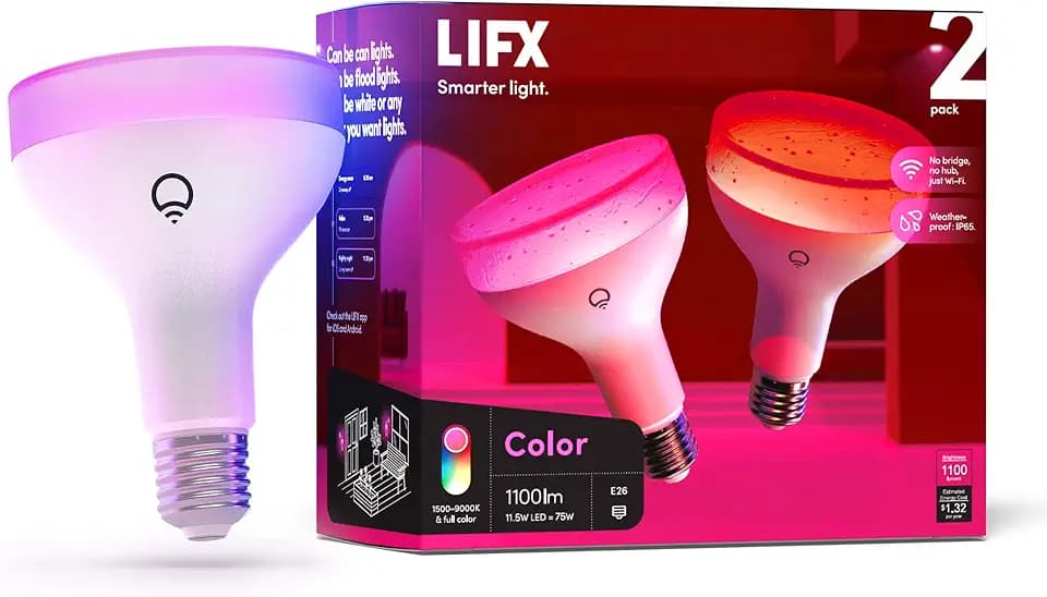 LIFX Supercolor BR30 Smart Bulbs E26 (2-Pack), Color Changing RGB + Tunable White, 1100 Lumens 65W Equivalent Indoor Flood Bulb, WiFi Dimmable, Matter Compatible, Apple HomeKit, Alexa & Google Home