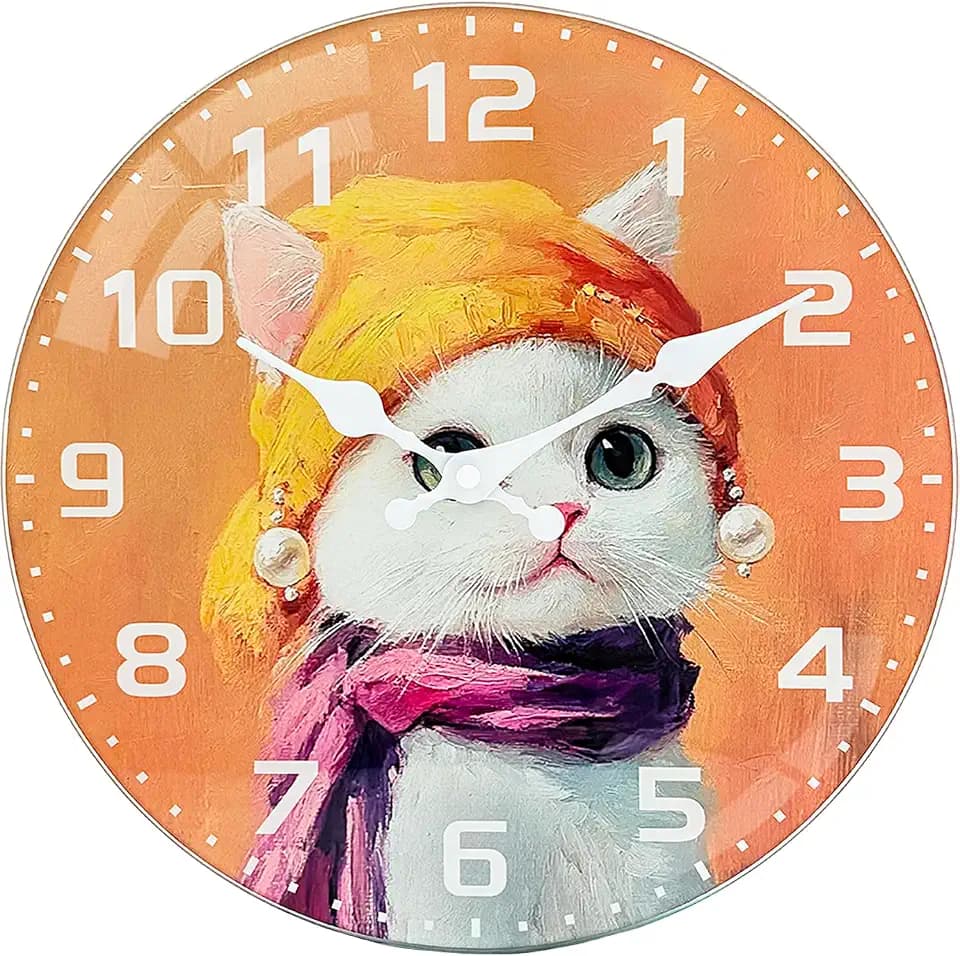 Silent Wall Clocks Battery Operated- 10 Inch Non Ticking Wall Clock, Exclusive Cute Cat Oil Painting Glass Analog Clock with Large Numbers for Bedroom Living Room Kitchen Office Gym Classroom
