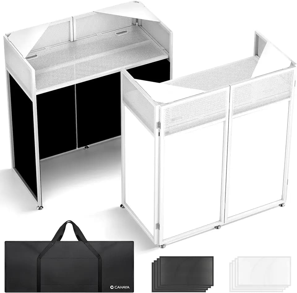 CAHAYA DJ Booth Stand Portable - DJ Table Facade with Black & White Scrims DJ Stand Foldable for Laptop & Controller Double Top Corners, Storage Bag, Cable Holes, 40"L x 20"W, White