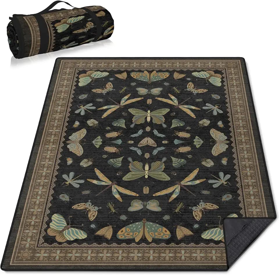 Insect Picnic Blankets Waterproof Foldable, 60″X80″ Packable Picnic Mat Vintage Outdoor Blanket for Grass, Large Beach Blanket Sandproof Picnic Accessories for Camping Music Festival Park Lawn Travel