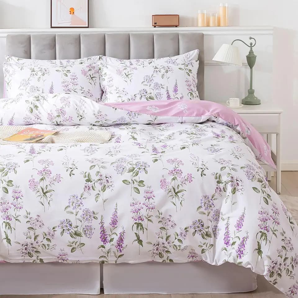 FADFAY Purple White Floral Duvet Cover Set Twin XL 100% Cotton College Bedding Luxury Lilac Lavender Reversible Comforter Cover Soft French Country Bedding School Dorm Room Twin Extra Long 3Pcs
