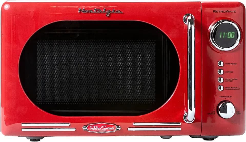 Nostalgia Retro Compact Countertop Microwave Oven - 0.7 Cu. Ft. - 700-Watts with LED Digital Display - Child Lock - Easy Clean Interior - Red