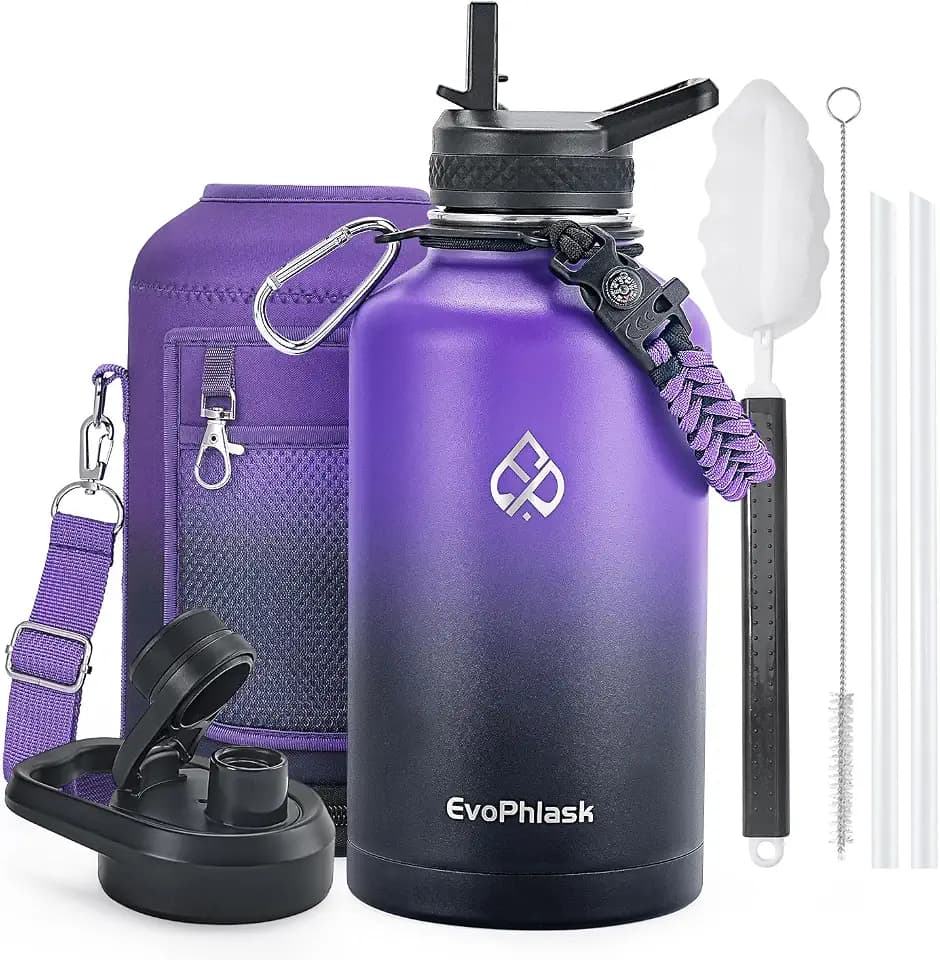 Insulated Water Bottle 64 oz with Carrier Bag, Purple/Black