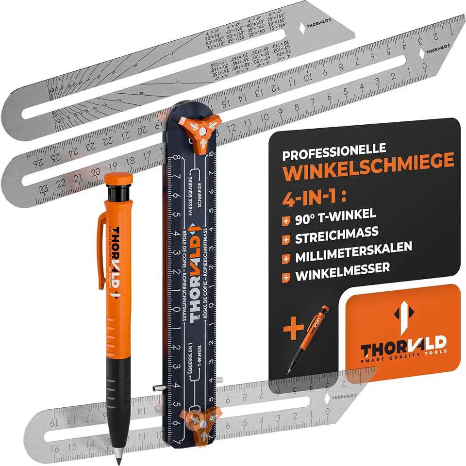 THORVALD 4-in-1 Winkelschmiege + Zimmermannsbleistift + 2 Edelstahl-Lineal 190mm & 265mm - Präzise Winkelübertragung - Eloxiertes Aluminium - Holzbearbeitung, Zimmerei