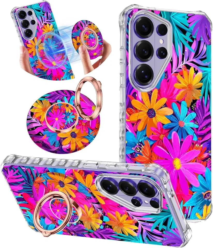 for Galaxy S26 Ultra Case,Magnetic Removable Floral Phone Ring Stand, 360°Rotation MagSafe Stand,Slim Wavy Frame Cases with Cute Flowers for Samsung Galaxy S26 Ultra 6.9 inch,Orange