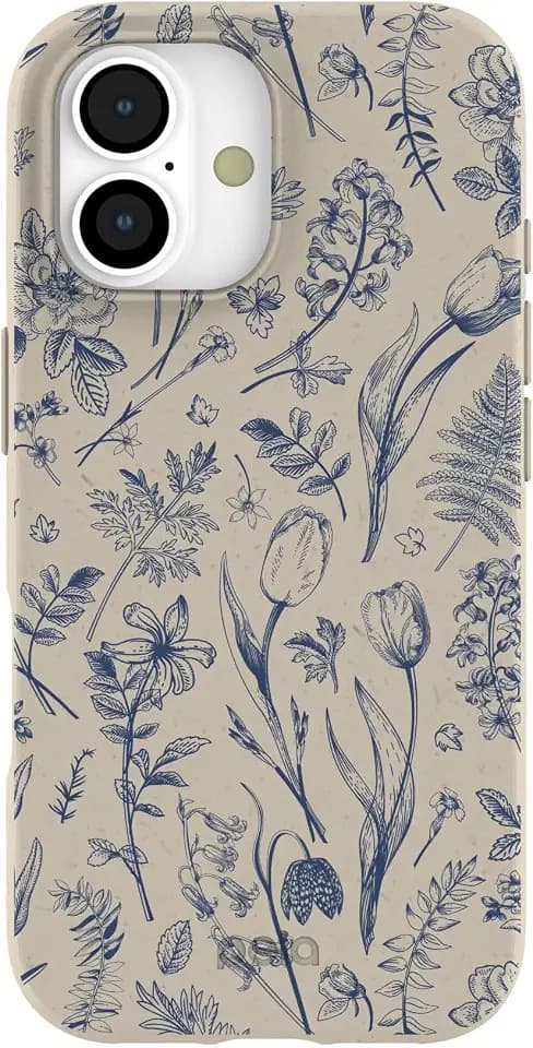Pela | Phone Case Compatible with iPhone 17 | MagSafe Included | Cute Eco Friendly | Made with Plants | London Fog Indigo Bouquet