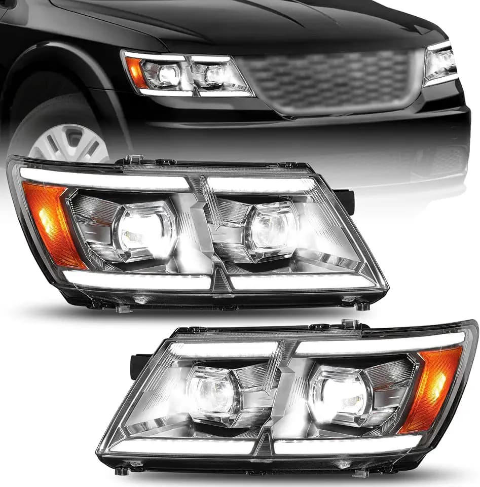 MAYELLO Pair Chrome Full LED Projector Headlights for 2009-2020 Dodge Journey, 15,000LM Anti-Glare Upgrade with DRL & Sequential Turn Signal, OE Style Replacement Headlamp Assembly