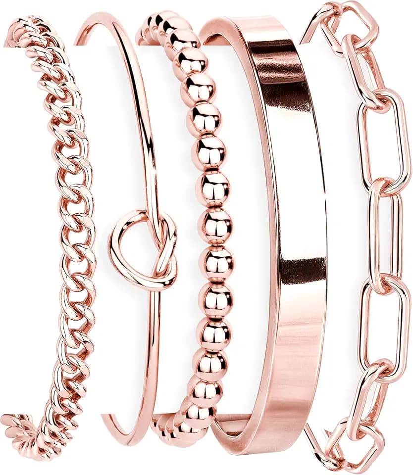 Gokeey Gold Bracelets Set for Women Non Tarnish, Waterproof 14K Gold Plated Sterling Silver Chunky Cuff Bracelet Stackable Gold Bangles Bracelet for Women Trendy Fashion Accessories Tie Knot Cuban Rope Paperclip Beaded Bracelet Stack Jewelry Mothers Day Gifts for Mom Birthday