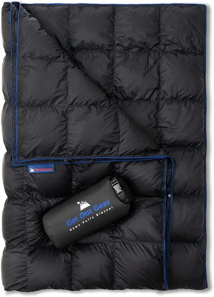 Get Out Gear Down Camping Blanket - Puffy, Packable, Lightweight and Warm | Ideal for Outdoors, Travel, Stadium, Festivals, Beach, Hammock | 650 Fill Power Water-Resistant Backpacking Quilt