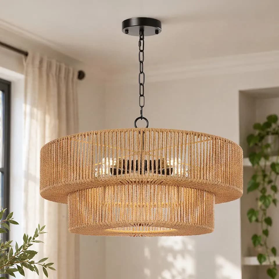 21.6 Inch Boho Rattan Chandelier, 5-Lights Hand Woven Bohemian Chandeliers with 2-Tier Drum Wicker Shade, Modern Farmhouse Large Pendant Light Fixture for Dining Room Living Entryway Bedroom