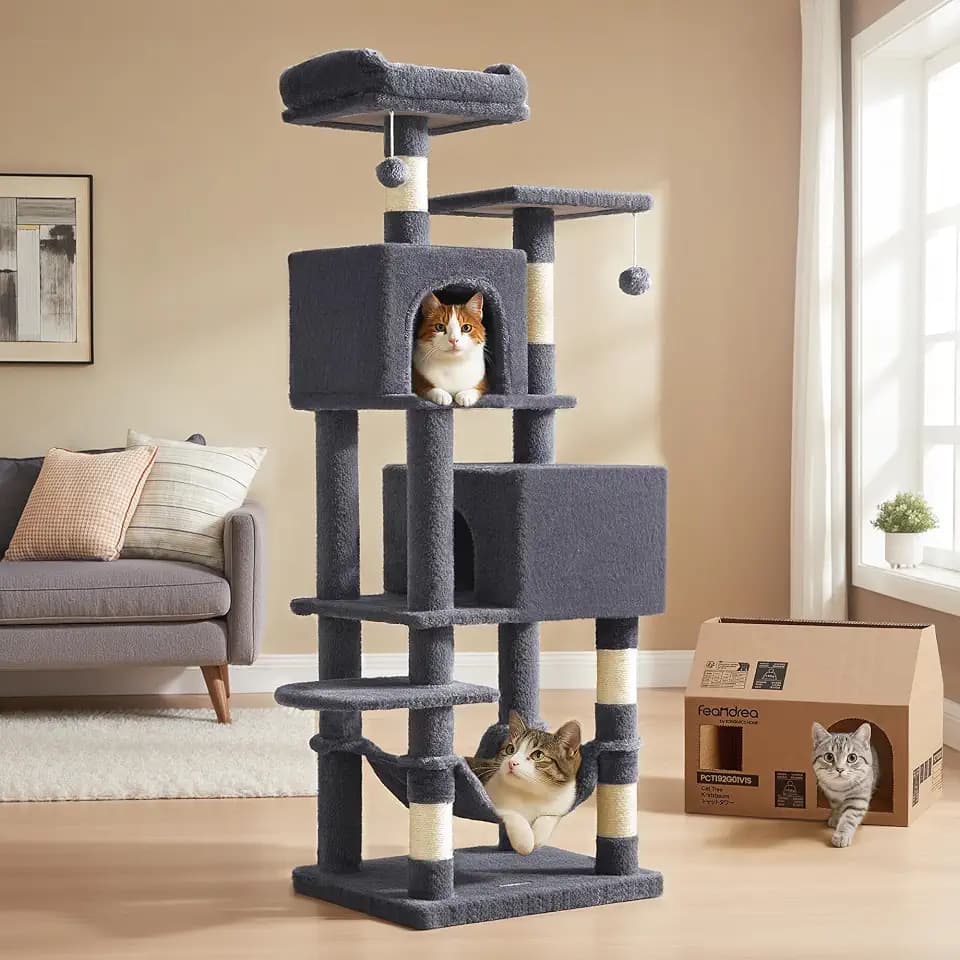 Feandrea Cat Tree, 59.5-Inch Tall Cat Tower, Multi-Level Condo, Smoky Gray