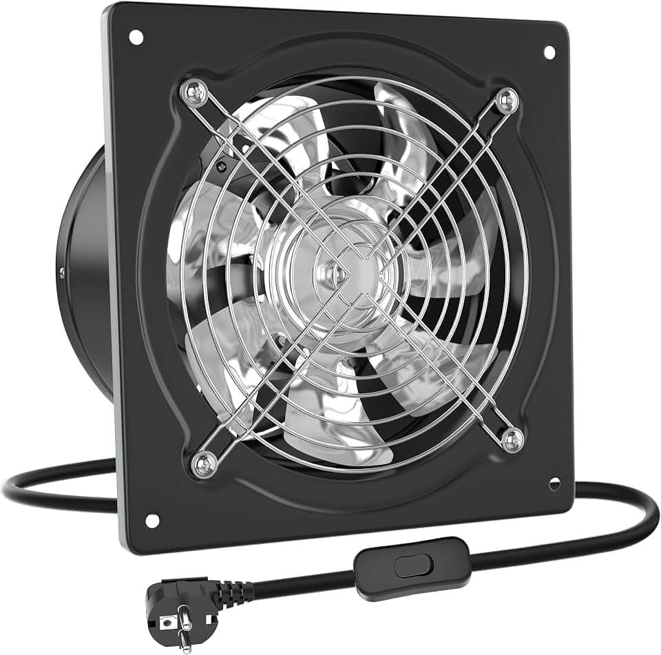HG Power Abluftventilator 200 mm, Badlüfter 980 m³/h mit Rücklaufklappe Leistungsstarke Metall Wandventilator mit EU-Stecker für Küche Badezimmer Werkstatt Garage Untergeschoss, Schwarz