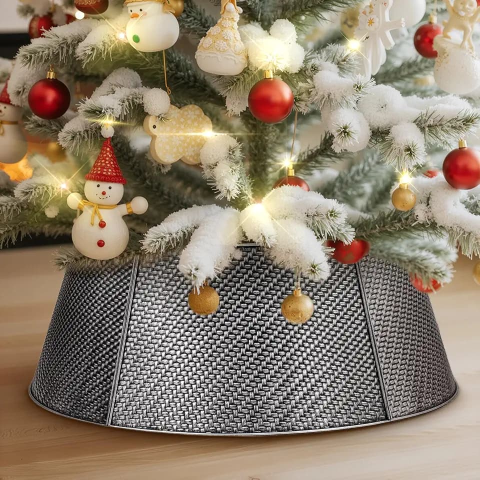 Lanpn Metall Weihnachtsbaum Kragen 70cm, Weihnachtsbaum Halsband Christmas Tree Collar Für Mittelgröße M Wetterfest Für Kunstbäume Innen Außen - Weihnachtsdekoration (Silber, Köperbindung)