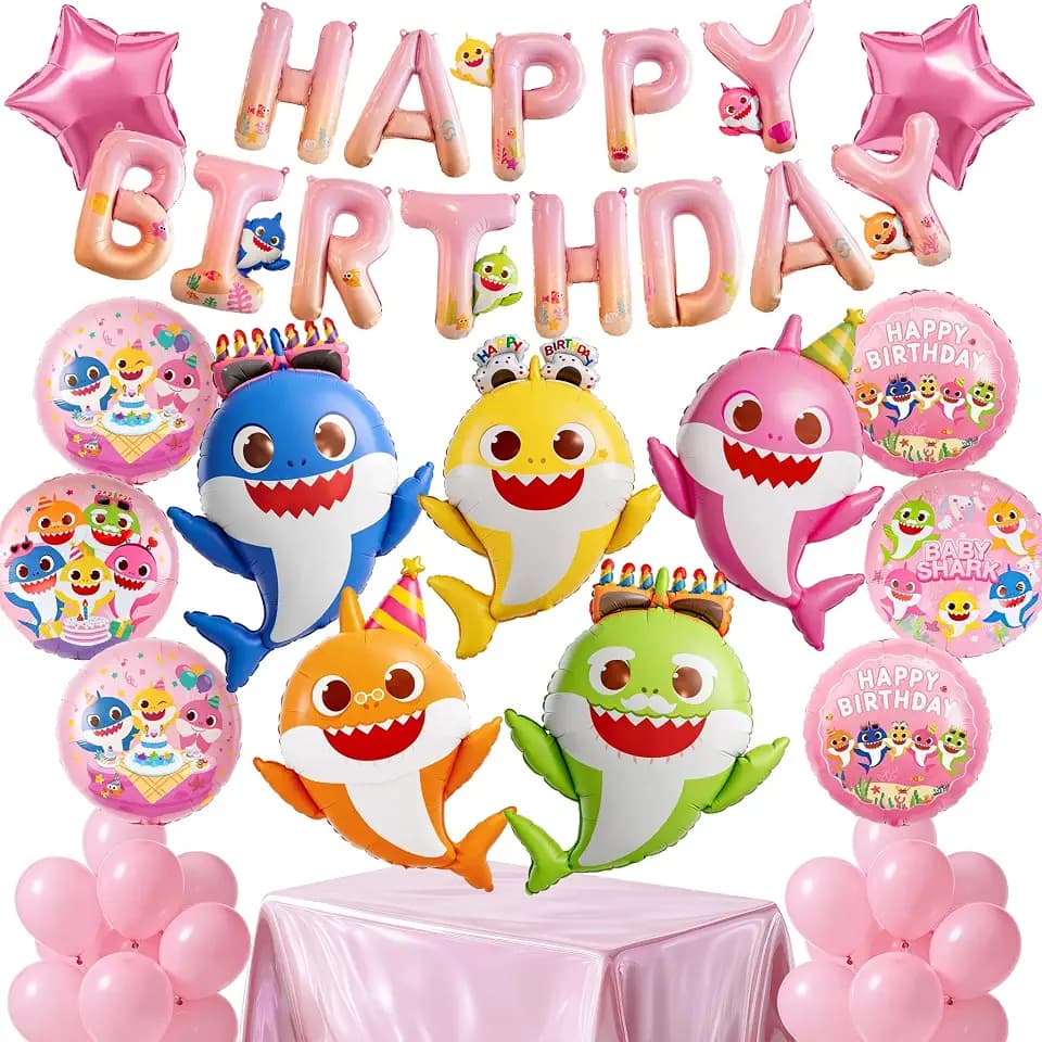 PartyWoo Baby Shark Pink Star Mylar Boys Girls Foil Balloons Set 37pcs