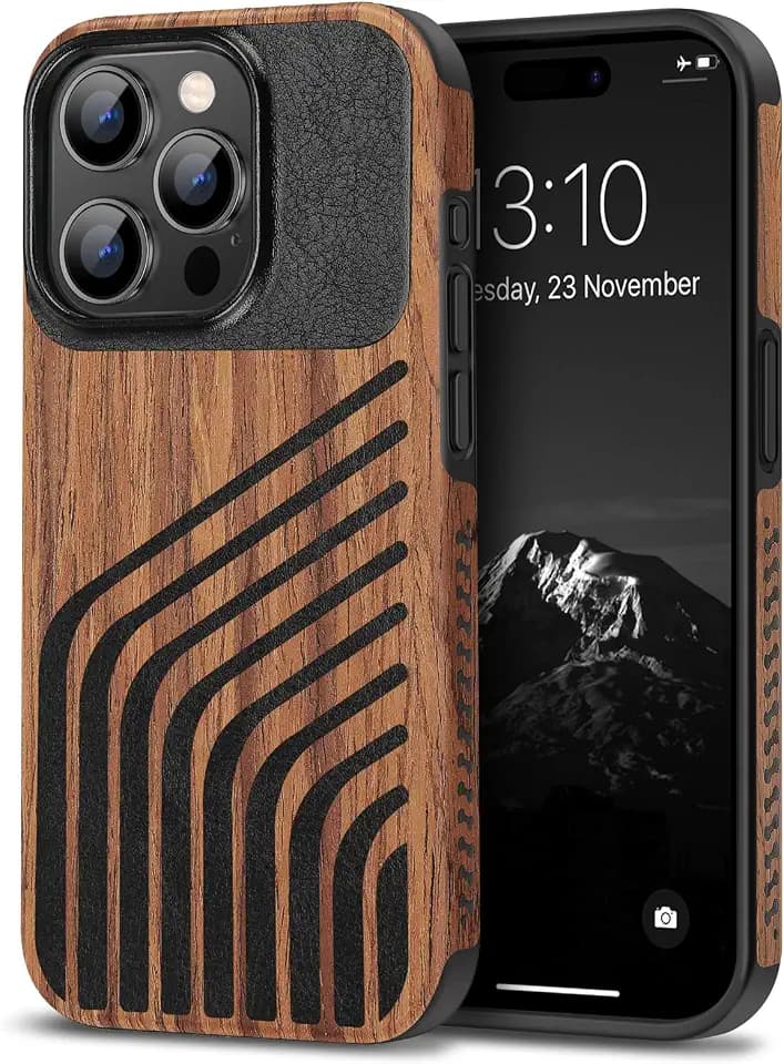 TENDLIN Compatible with iPhone 15 Pro Case Wood Grain with Carbon Fiber Texture Design Leather Hybrid Slim Case (Hairline)