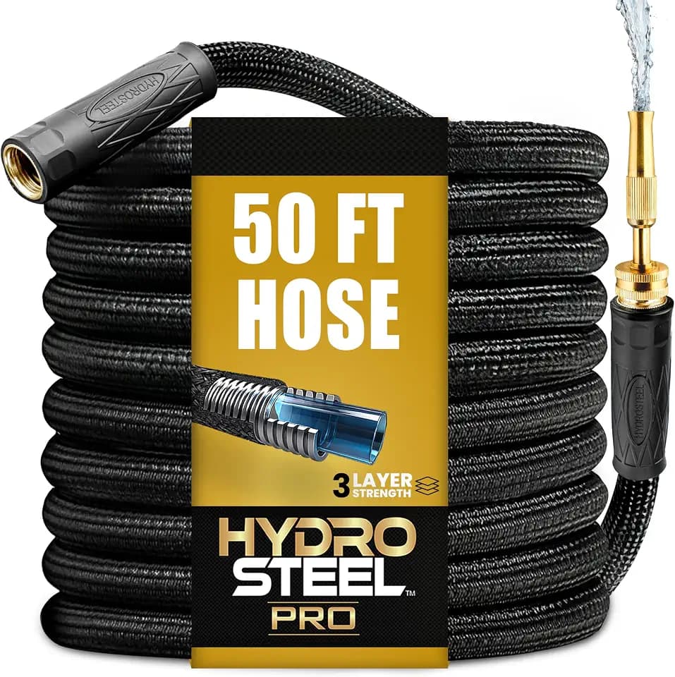 Hydrosteel PRO 50 Ft Heavy Duty Metal Garden Hose with Brass Nozzle