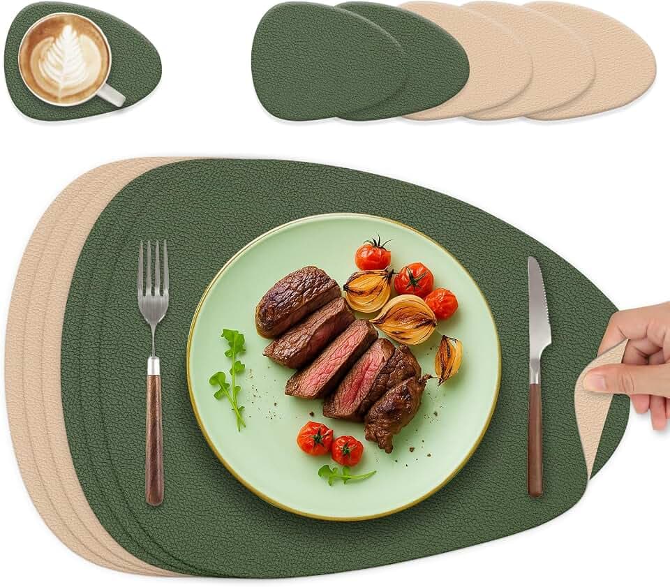 HELI MIAO Tischsets Abwaschbar 6er Set - Doppelseitige Platzsets, Platzdeckchen mit Untersetzer aus Lederoptik, wasserdichte als Tischunterlage für Ihren Esstisch - Oval in Waldgrün+Haferfarbe