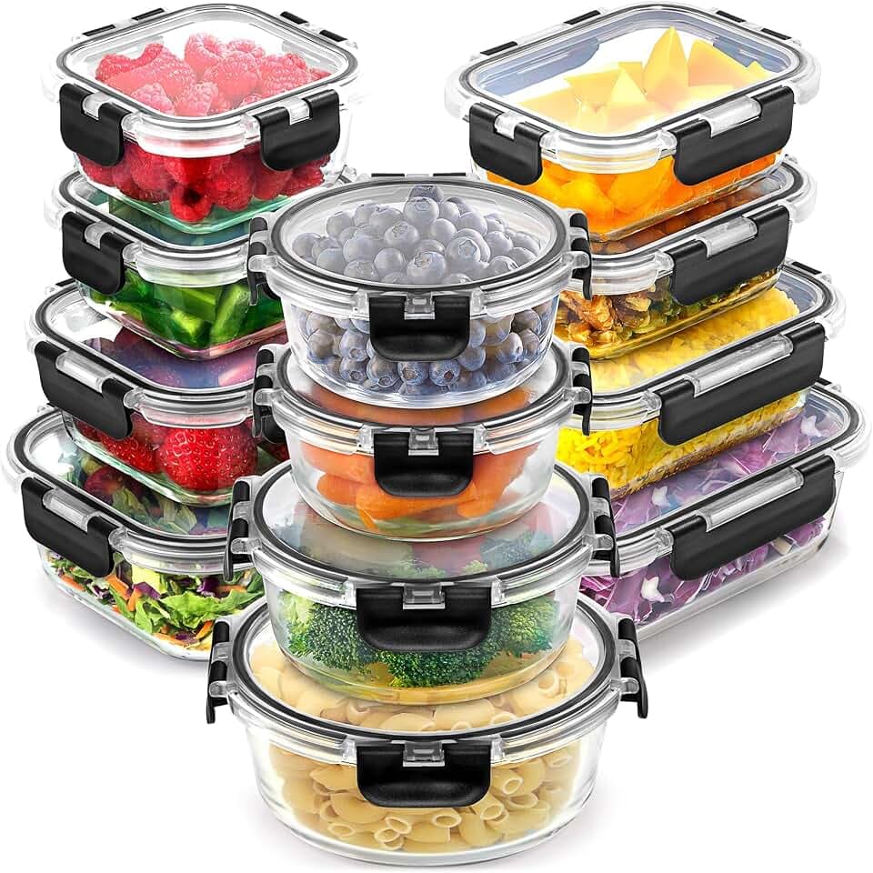 Zulay 12er-Set Glas-Frischhaltedosen für Meal Prep, Tupperdosen Set aus Glas mit luftdichten Deckeln - Meal Prep Boxen Gläser, spülmaschinen-, mikrowellen-, ofen- & gefriergeeignet, BPA-frei – Schwarz