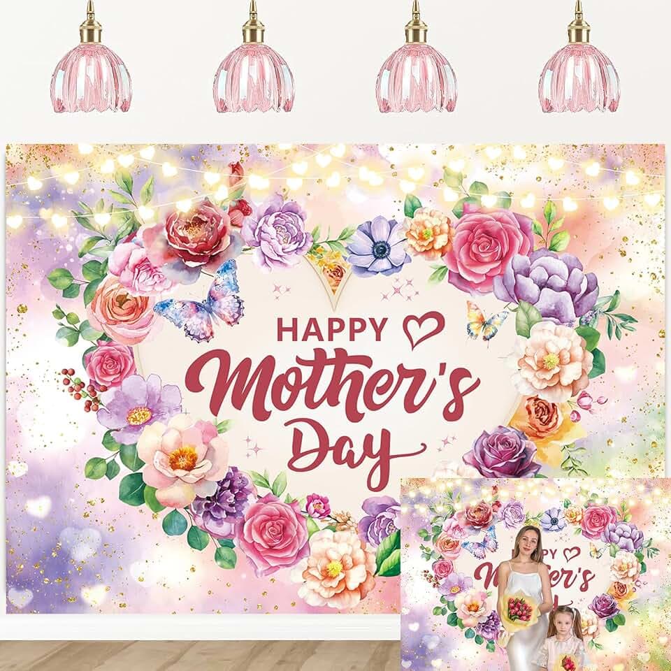 Happy Mother's Day Backdrop Pink Purple Love Heart Flowers Glitter Gold Dots Watercolor Photography Background Women Queen Best Mom Birthday Party Decorations Banner Photo Supplies (8x6FT)