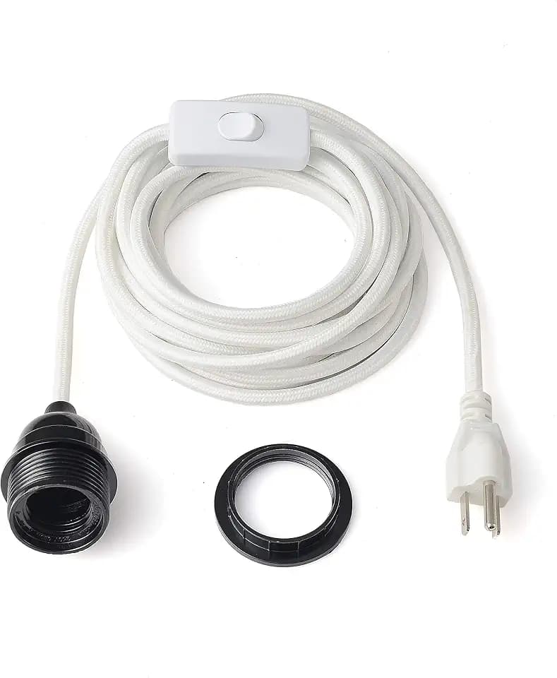 BRIGHTTIA White Plug-in Swag Pendant Light Fixture - Lamp Shade Ready Hanging E26 Threaded Socket with 15 Feet Cord Set and in-Line Switch - Industrial Vintage DIY Lighting (BP0021-1WP)
