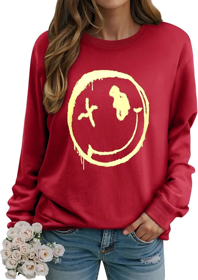 WIEIYM Damen-Sweatshirt, Smiley-Gesicht, Rundhalsausschnitt, langärmelig, Grafikdruck, Basic-Top, lässiger Pullover, S-XXL