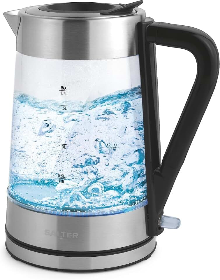 Salter Wasserkocher aus Glas mit Farbwechsel – 1,7 l, LED-Beleuchtung (Blau bis Rot), leicht zu befüllender Wasserdruckdeckel, Antikalkfilter, BPA-frei, 360° drehbarer Sockel, Trockengehschutz, 2200W