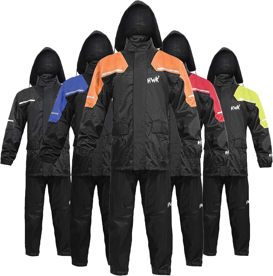 HWK Motorcycle Rain Suit for Men and Women, Two-Piece Waterproof Motorcycle Rain Gear with Reflective Jacket and Pants, All-Season Weatherproof Protection for Riding, Hi-Vis Orange, X-Large
