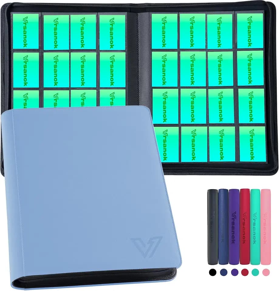 16 Pocket Trading Card Binder – Holds 1280 Cards, Large Capacity 4x4 Card Album with 40 Double-Sided Pages,Ringless PU Cover Zipper Card Folder for Sports & Standard Size Cards Skybule