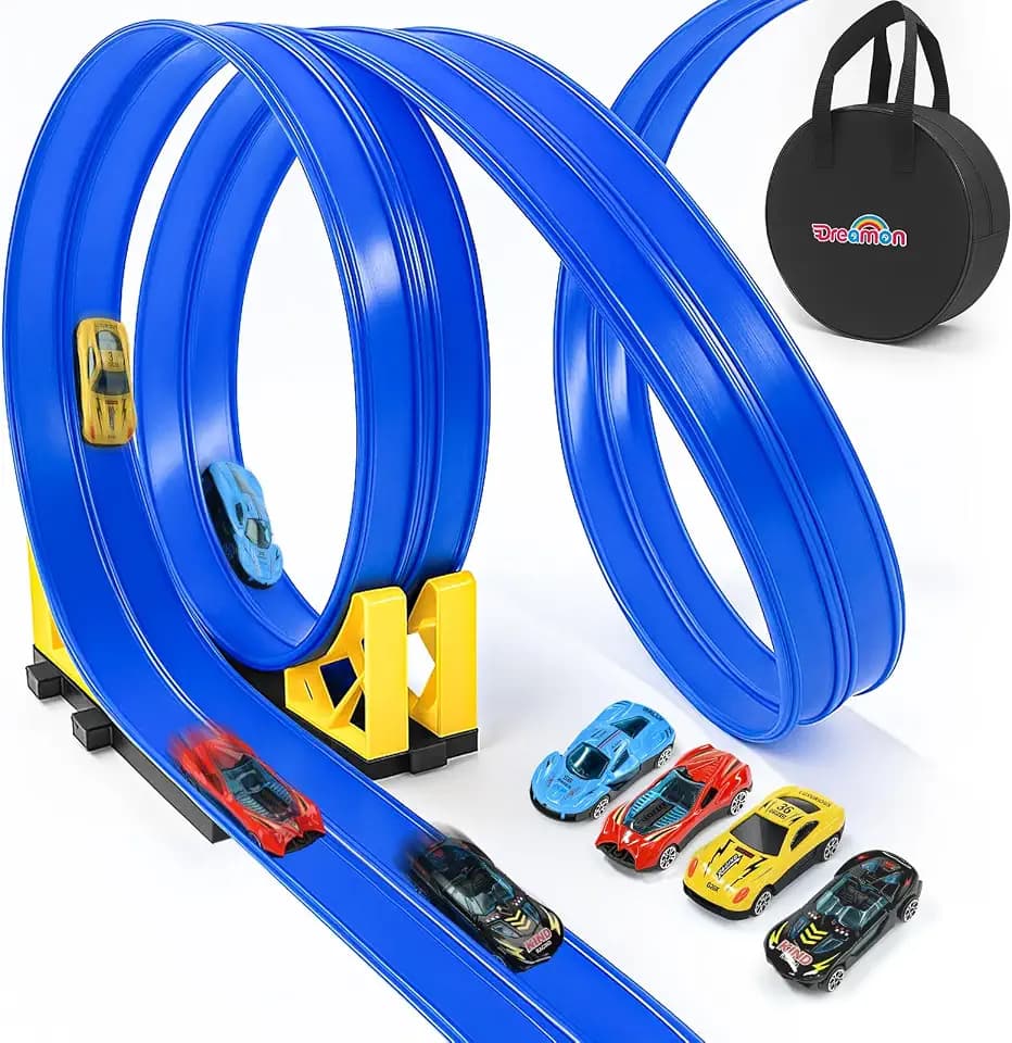 Dreamon Flexible Rennbahn Kinder 6 Meter Autorennbahn Rennstrecke Auto Spielzeug 3 4 5 6 Jahre mit 4 Spielzeugautos 2 Rampen 1 Aufbewahrungstasche 4 Saugnäpfe Geschenke für Mädchen und Jungen
