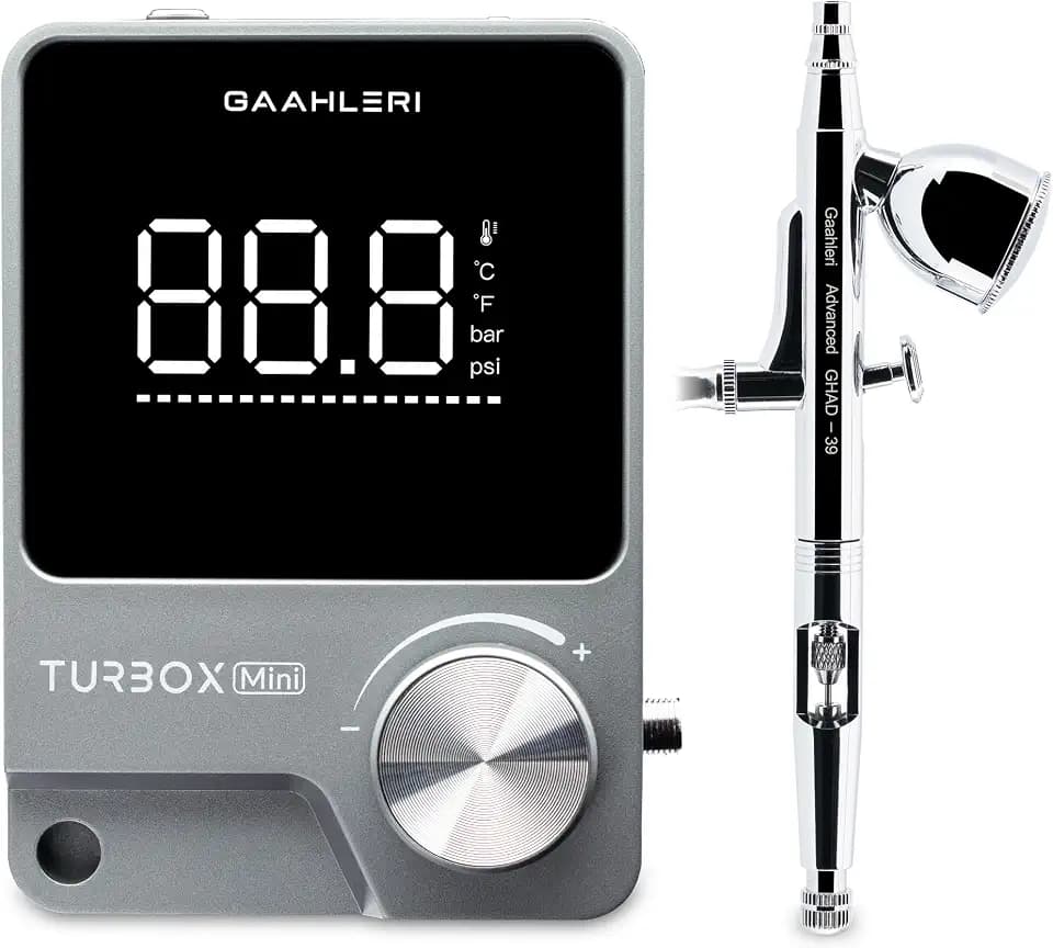 Gaahleri Turbox mini Airbrush-Kit mit GHAD-39 0.35mm, Dual-Action, 18 Luftstufen, extrem leise, zweistufig, für Malerei/Modellbau/Torten/Make-up, Digitalanzeige, ideal für Einsteiger