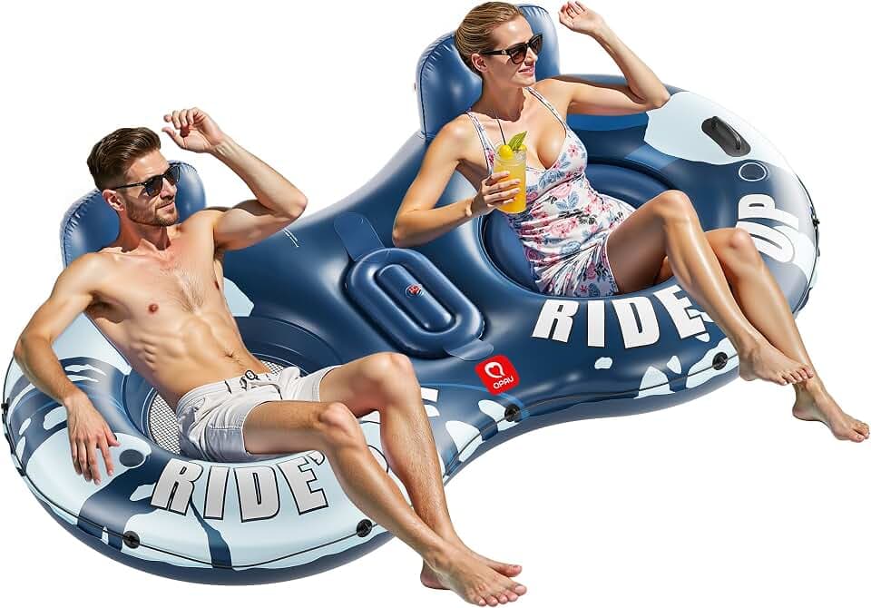 QPAU Inflatable Double River Tube, 2 Person 660lb Capacity, Puncture-Resistant 93" Sturdy Heavy Duty River Float, River Raft with Ergonomic Backrest, Cooler & Cup Holders for Family