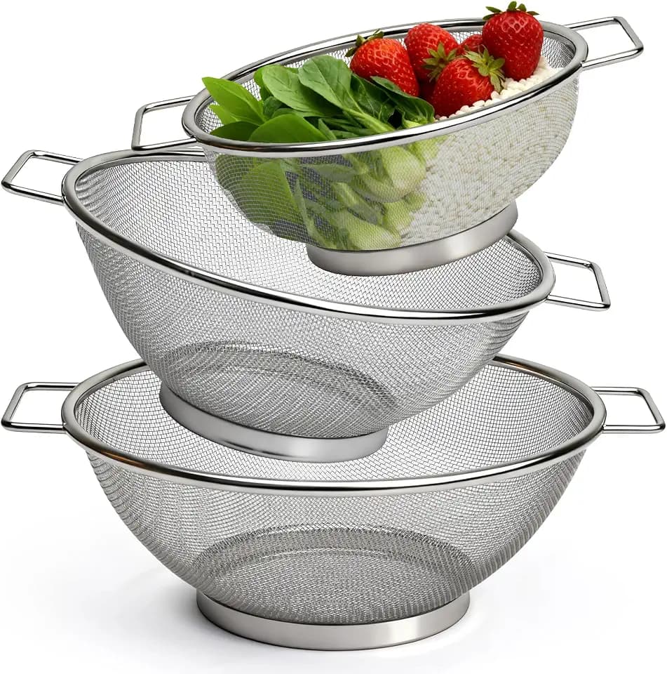Sieb 3er-Set aus Edelstahl, Mikroperforiertes Küchensieb mit Griffen, Abtropfsieb für Obst, Gemüse, Reis und Pasta, Metall Sieb, Ideal für Küche und Haushalt, 18/22/24cm